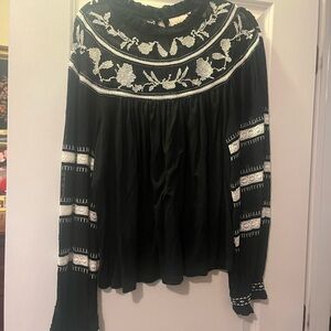 Anthropologie Black Blouse with White Embroidery